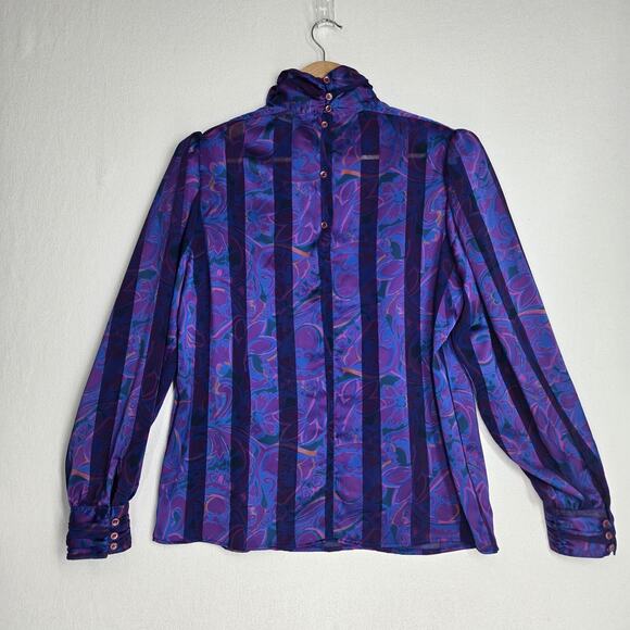 VTG Stuart Lang Blouse Sz 14 Purple Geo Print High Neck Long Sleeve Secretary - Picture 8 of 16